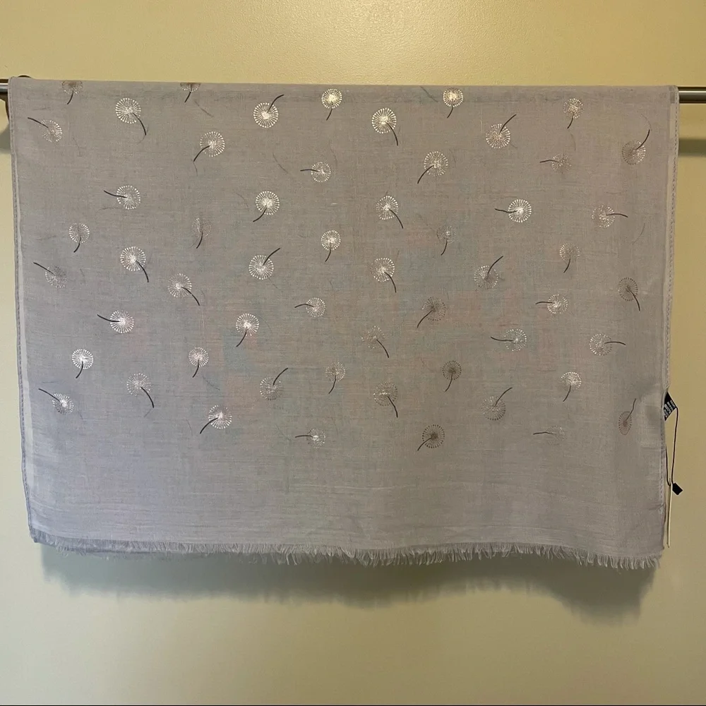 Cherie Bliss scarf metallic gold dandelion print light grey NWT - Picture 2 of 9
